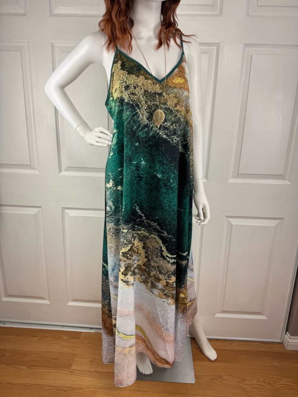 Source Unknown Green and Gold Marble-Print Slip Maxi Dress
